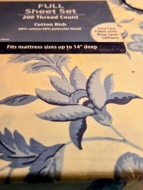 Mainstay Powder Blue Floral Full Sheet Set Cotten Deep Pockets 200 Thread